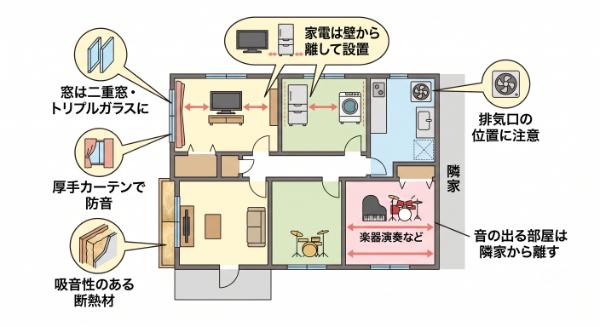 防音性を上げるポイントを載せた図